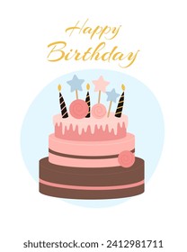 Greeting card with a cake decorated with candles and the inscription Happy Birthday. Vector illustration on a white background.
