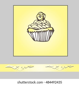 greeting card with a cake. Invitation or greeting card template with hand drawn doodle cupcake