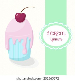 Greeting card with cake on a background of polka dots. Delicious cake with butter cream in gentle pastel colours. Cake gift with a pink bow. Vector EPS 10.