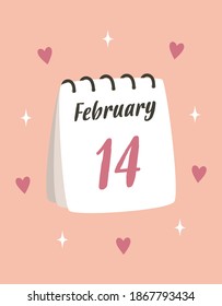 greeting card with calendar, valentines day, calendar with date, the 14th of february, vector illustration