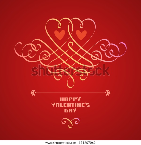 Greeting card with calligraphic hearts and\
lettering -  Happy Valentine\'s Day. Romantic abstract cute\
decorative red illustration for print, web. Concept of couple\
enamored for wedding\
invitation