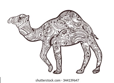 Greeting card with camel. Ornamemtal of animal made in vector. Perfect cards, or for any other kind of design, birthday and other holiday. Seamless hand drawn map with camel desert.