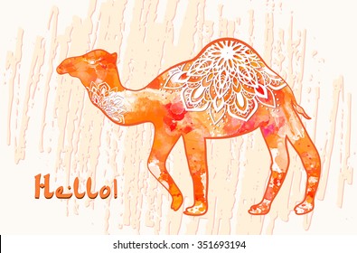 Greeting card with camel. Ornament of animal made in vector. Perfect cards, or for any other kind of design, birthday and other holiday. Seamless hand drawn map with camel desert.