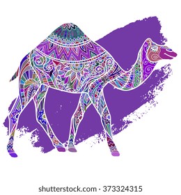 Greeting card with camel. Vector illustration. Design for cards, birthday card, placard. flyer, banner. Drawn by hand in zentangle style.