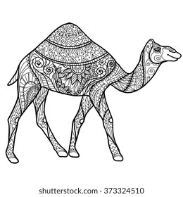 Greeting card with camel. Vector illustration. Design for cards, birthday card, placard. flyer, banner. Drawn by hand in zentangle style.