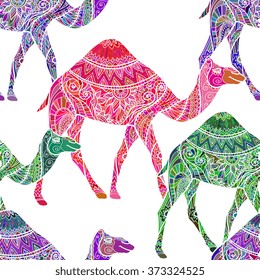 Greeting card with camel. Vector illustration. Design for cards, birthday card, placard. flyer, banner. Drawn by hand in zentangle style.