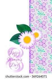Greeting card with camomiles on background from lilac floral pattern for International Women's Day. March 8. Vector illustration. Seamless floral pattern see in my portfolio