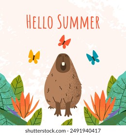 Greeting card with capybara, butterflies and text Hello Summer. Cute illustration with grunge texture effect. Summer concept. For print, social media, poster, cover.