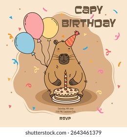 Greeting card with a capybara in a party hat, with a cake, balloons and confetti on a light brown background