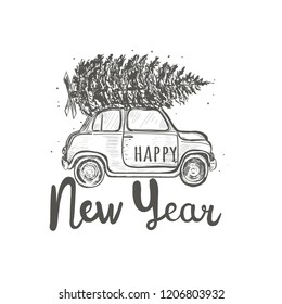 greeting card. The car carries a fir on the roof. Christmas tree