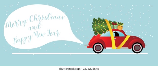 Greeting card with car, Christmas tree and gifts on blue backgro