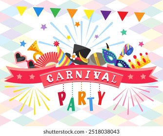 Greeting card for Carnival with colorful festive elements. Flat design. Vector illustration.