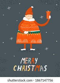 Greeting card with cartoon baby Santa Claus. Cute modern Christmas and New Year card. Vector texture cute hand drawn illustration.