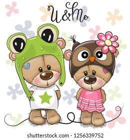 Greeting card Cartoon Bears boy and girl on a flowers background