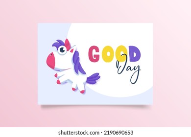 Greeting card with cartoon bright unicorn and positive quote for print, design, poster, typography