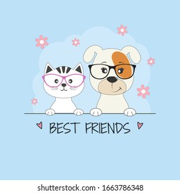 Greeting card, cartoon cat and dog best friends isolated on a blue background.  Funny animals baby puppy and kitty. Vector illustration.