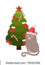 Greeting card cartoon cat in Santa's hat sitting under Christmas tree decorated by socks, candy stripped sticks, red bows and topped by star vector