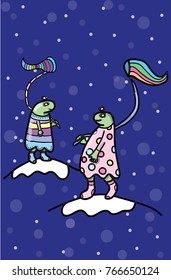 greeting card with cartoon characters, little people picking up snow, vector illustration