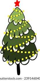 Greeting card with a cartoon Christmas tree and garland with lights. Flat design. Vector illustration.