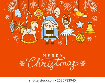 Greeting card with cartoon Christmas tree decorations on red background for happy New Year and Christmas greeting design