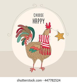 Greeting card. Cartoon color rooster in a scarf with star on a beige background. Vector illustration.