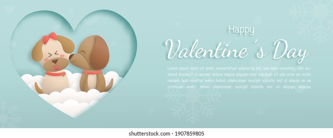 Greeting card cartoon cute character design dog kissing and Happy smiling. Cards for Valentine's Day and Birthday. Paper cut and craft style. There is a space for the text. Vector illustration.