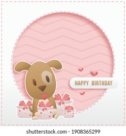 Greeting card cartoon cute character design dog sitting with white gift box. Cards for Birthday and Valentine's Day on sweet pink pastel background. Paper cut and craft style. Vector illustration.