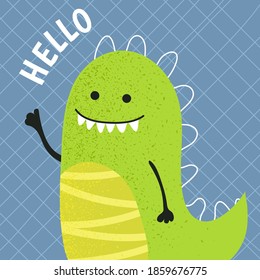 Greeting card with cartoon dinosaur. Vector illustration.