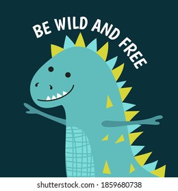 Greeting card with cartoon dinosaur. Vector illustration.
