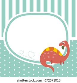 Greeting card with cartoon dinosaur. Vector background.