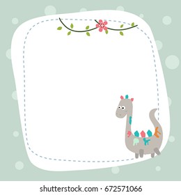 Greeting card with cartoon dinosaur. Vector background.
