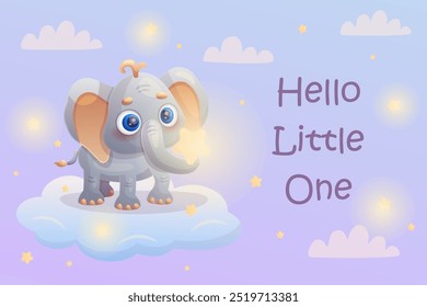 Greeting card with cartoon elephant with star on the cloud. Hello Little One. Vector illustration.