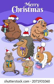 greeting card cartoon illustration with animal characters on Christmas time