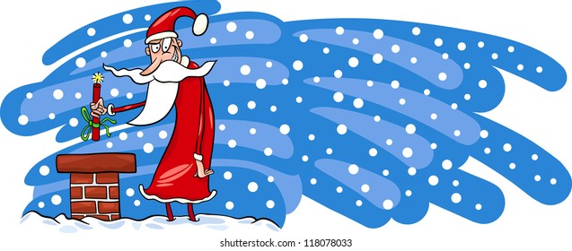 Greeting Card Cartoon Illustration of Bad Santa Claus or Papa Noel with Dynamite Stick on the Roof