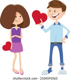 Greeting card cartoon illustration with girl and boy characters with Valentines Day hearts