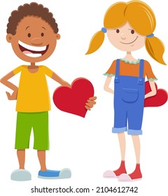 Greeting card cartoon illustration with girl and boy cute characters on Valentines Day
