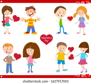 Greeting Card Cartoon Illustration with Girls and Boys Couple in Love with Heart on Valentines Day Set