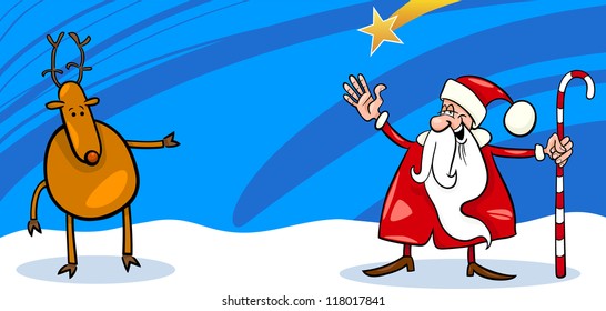 Greeting Card Cartoon Illustration of Santa Claus or Papa Noel with Reindeer and Christmas Stars