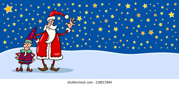 Greeting Card Cartoon Illustration of Santa Claus or Papa Noel with Christmas Elf against evening Sky full of Stars