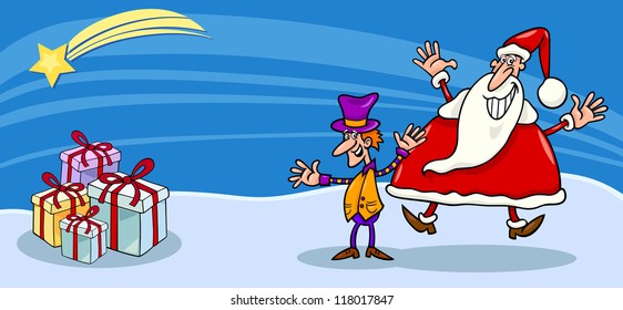 Greeting Card Cartoon Illustration of Santa Claus or Papa Noel with Christmas Elf and Presents