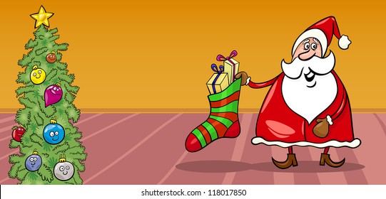 Greeting Card Cartoon Illustration of Santa Claus or Papa Noel with Sock full of Presents and Christmas Tree