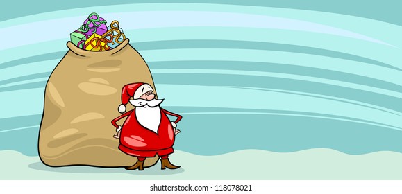 Greeting Card Cartoon Illustration of Santa Claus or Papa Noel with Big Sack full of Christmas Presents