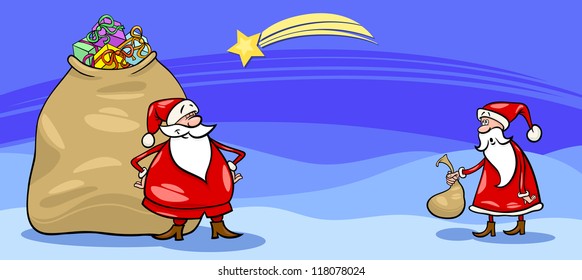 Greeting Card Cartoon Illustration of Santa Claus or Papa Noel with Sack full of Christmas Presents