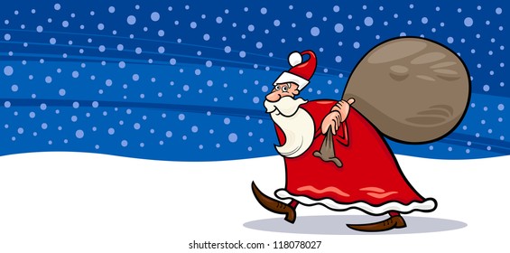 Greeting Card Cartoon Illustration of Santa Claus or Papa Noel with Sack full of Christmas Presents