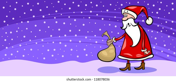 Greeting Card Cartoon Illustration of Santa Claus or Papa Noel with small Sack with Christmas Presents