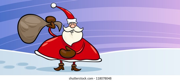 Greeting Card Cartoon Illustration of Santa Claus or Papa Noel with Sack full of Christmas Presents