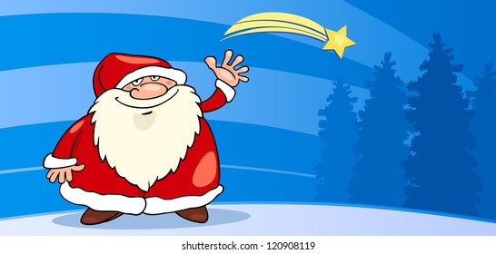 Greeting Card Cartoon Illustration of Santa Claus or Papa Noel or Father Christmas with Star