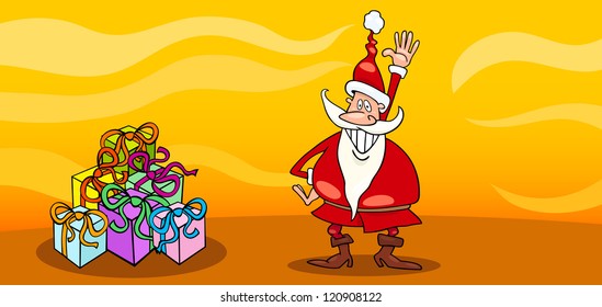 Greeting Card Cartoon Illustration of Santa Claus or Papa Noel or Father Christmas with Christmas Presents