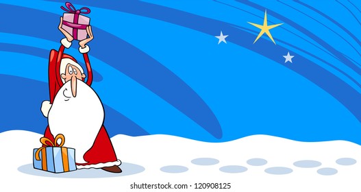 Greeting Card Cartoon Illustration of Santa Claus or Papa Noel or Father Christmas with Christmas Presents and Star