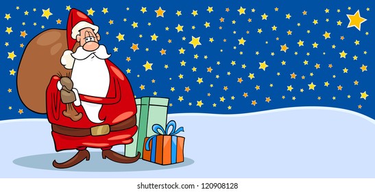 Greeting Card Cartoon Illustration of Santa Claus or Papa Noel or Father Christmas with Sack full of Christmas Presents